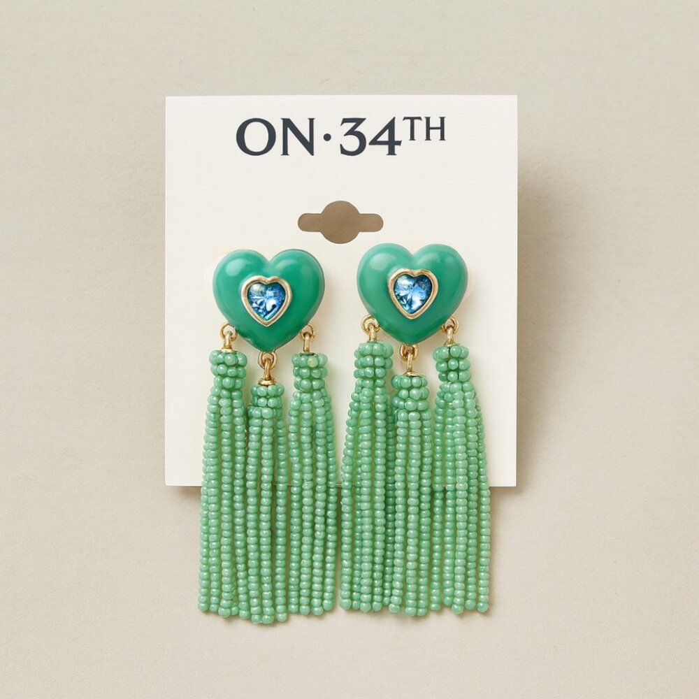 On 34th Green Heart Tassel Earrings New